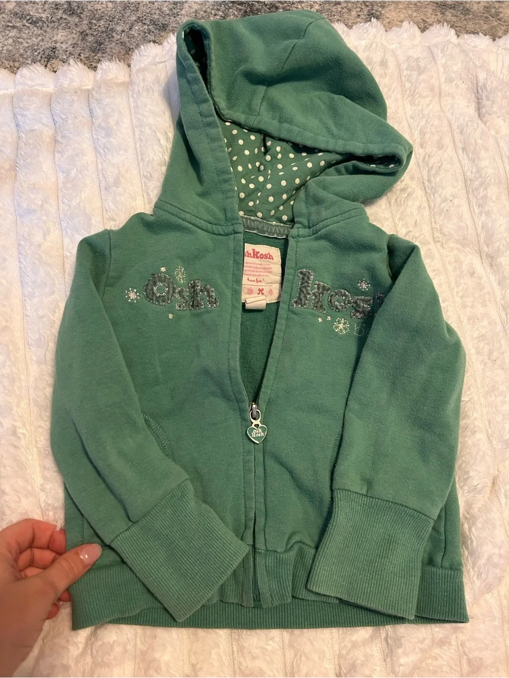 OshKosh B'gosh Teal-Green Hooded Zip Sweatshirt with Polka Dot Lining